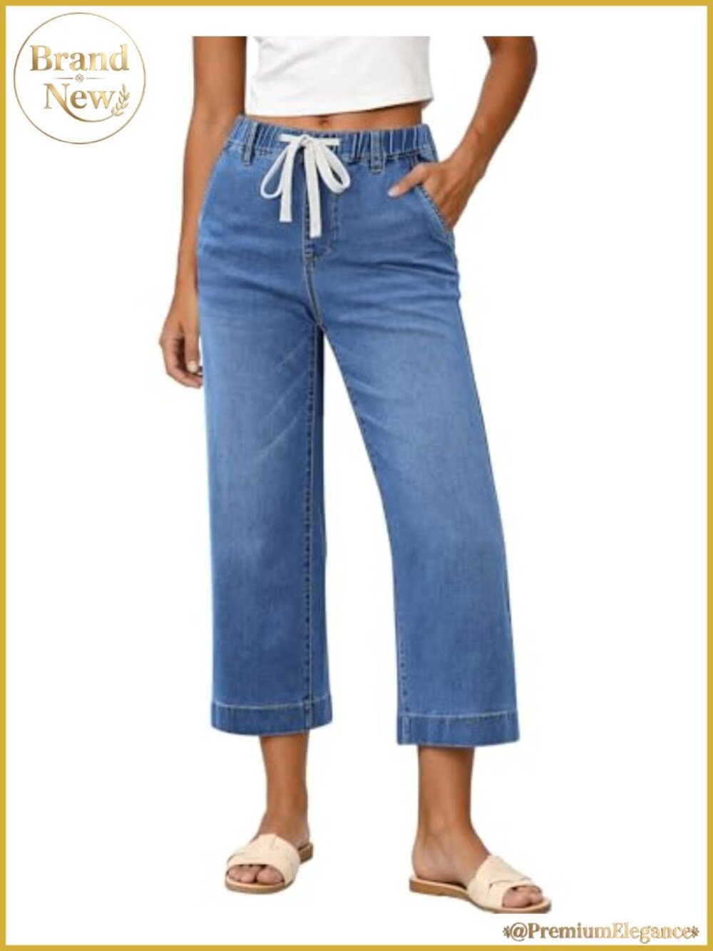 Wide Leg High Waisted Elastic Pull On Capri Jeans for Women with Pockets